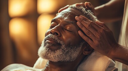 Black man receiving a head massage at a spa for relaxation and wellness treatment for stress relief