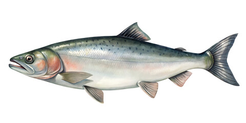 Fototapeta premium Detailed Watercolor Painting of a Pacific Salmon Fish with Grayish Green Scales and Pinkish Underside