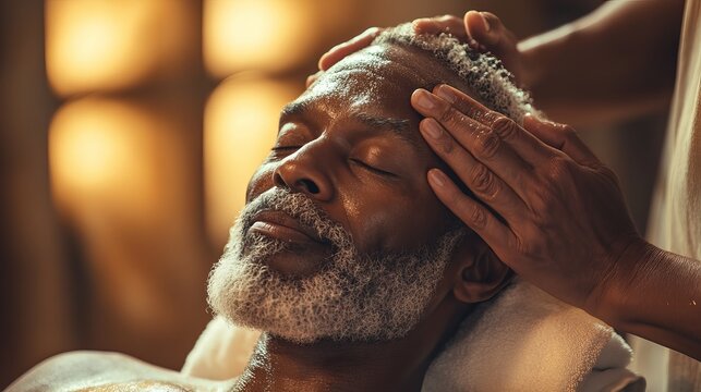 Black man receiving a head massage at a spa for relaxation and wellness treatment for stress relief - Powered by Adobe