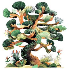 Obraz premium Stylized Bonsai Tree: A vibrant and stylized illustration of a bonsai tree, showcasing intricate details in its branches, needles, and trunk. The artwork is rich in texture and color.