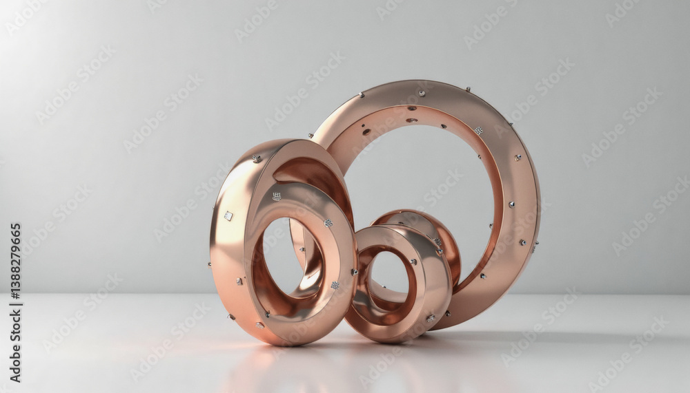 Poster trendy neo futurism 2025 ai design rendering: several copper-colored rings of varying sizes are arra