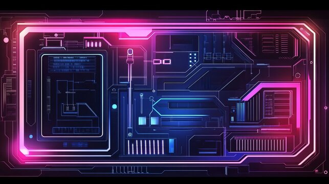 Futuristic glowing interface with intricate circuit patterns and neon pink and blue accents design