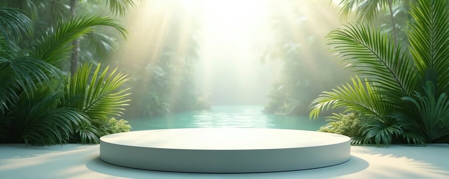Empty white podium stage in tropical jungle with palm leaves, water. Product display, presentation mockup. Clean, fresh, green nature background. Product showcase, cosmetic advertising design
