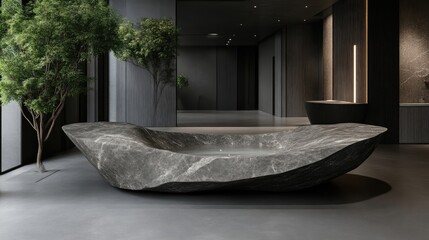 Modern lobby reception desk, featuring a large, sculpted, grey stone basin