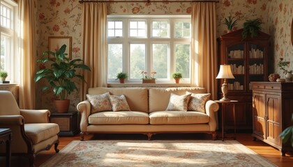 Cozy vintage living room with classic floral wallpaper antique furniture creating warm inviting atmosphere. Interior design style featuring comfy sofa armchair bookshelf window and wooden floor.