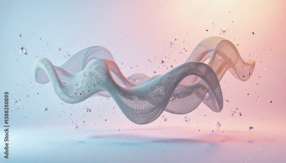 Poster trendy neo futurism 2025 ai design rendering: an abstract, shimmering mesh structure with suspended 