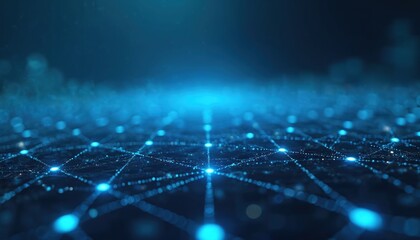 Obraz premium Abstract blue tech background with cyber network grids, connection. Digital communication, cyberspace, data flow, virtual world, innovation, online, electronic, global network, computer system.