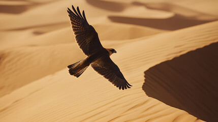 Falcon soars over sun-kissed desert dunes, casting a shadow against rippled sand formations. A breathtaking display of wildlife and nature's beauty.