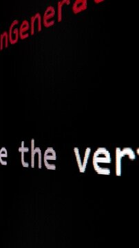 Closeup macro shot movement of coding script moving across LED screen with real-time AI-generated typing, showcasing advanced AI learning in optimization, debug and coding for software development.