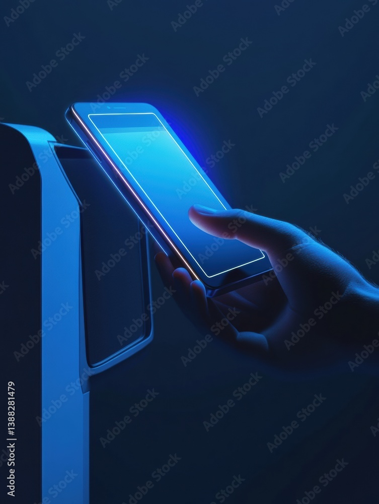 Aufkleber sleek smartphone engages with modern pos terminal for seamless nfc payment in blue gradient fintech 