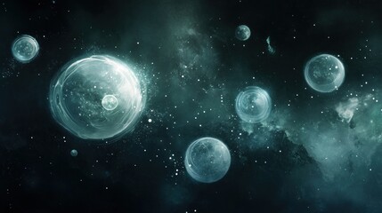 Naklejka premium Glowing Celestial Spheres Floating Amidst a Cosmic Space Dust Field