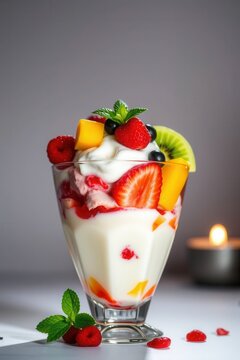 Delicious parfait with fresh fruit, creamy yogurt, and a sprig of mint, presented on a light background.