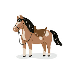 Brown spotted cartoon horse with saddle. Flat vector illustration isolated on white background