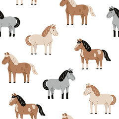 Seamless pattern with horses. Flat vector illustration isolated on white background