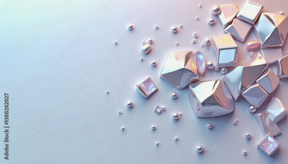Poster trendy neo futurism 2025 ai design rendering: iridescent cubes and spheres shimmer on a reflective s