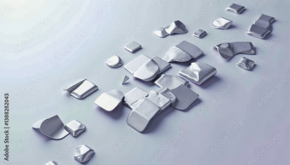 Poster trendy neo futurism 2025 ai design rendering: scattered metallic fragments with a shiny silver finis
