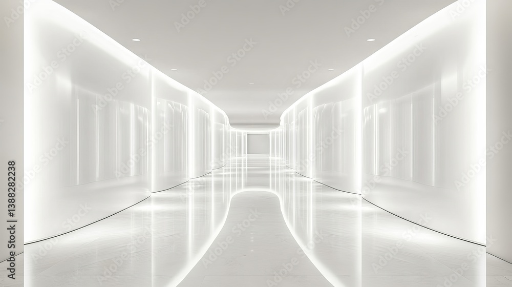 Poster bright white corridor with reflective floor and walls creating a futuristic environment design