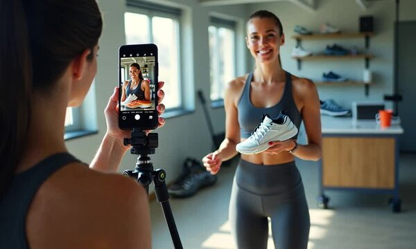 Close up mobile device filming fit healthy woman model making commercial social media marketing ecommerce sport shoes brand collaboration integration athletic training exercise footwear video review