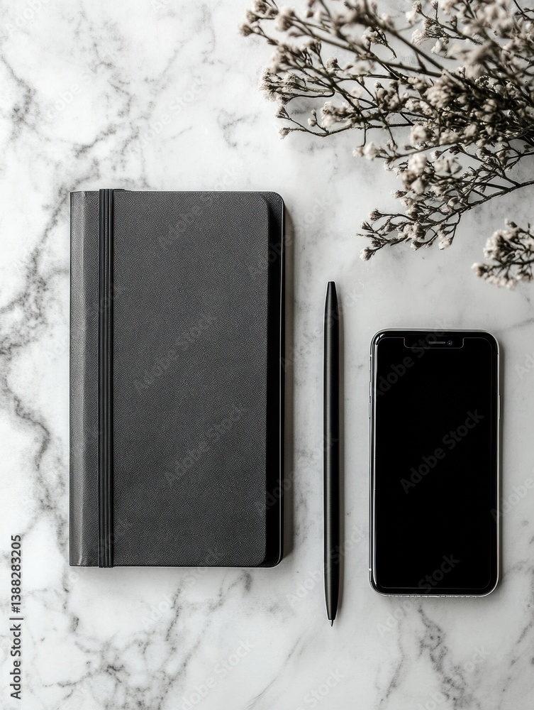 Poster elegant monochrome flat lay of office essentials on a marble surface showcasing a notebook, pen, and
