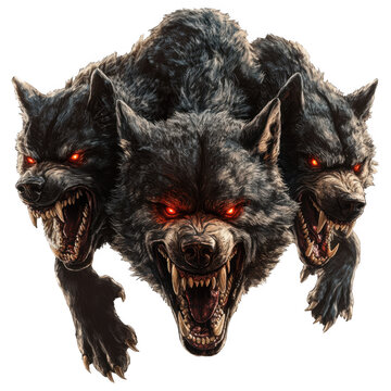 Guardian of the Underworld: Cerberus, the formidable three-headed hound, stands guard with menacing red eyes and snarling fangs, a chilling symbol of power and vigilance.