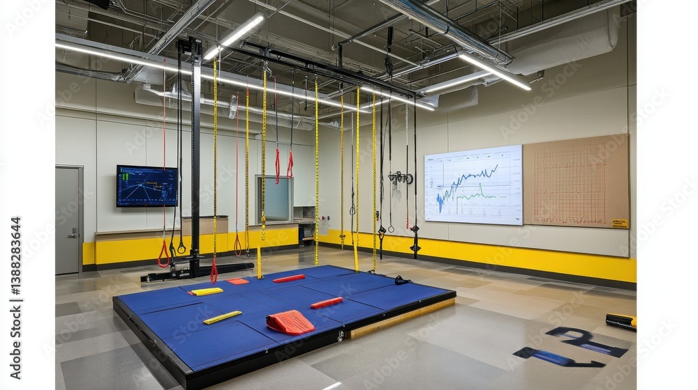 Poster physics lab with pendulums, measuring tape, and motion graphs displayed on a nearby board