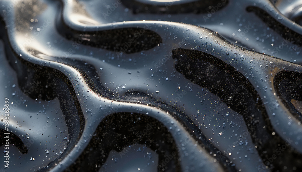 Poster trendy neo futurism 2025 ai design rendering: a close-up shot reveals a glossy, black liquid surface