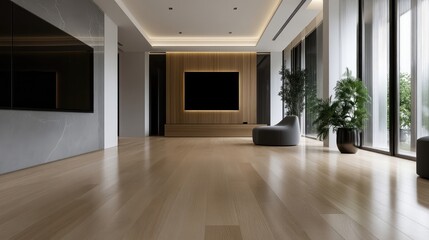 Fototapeta premium Modern, spacious living area with large windows, a wooden TV console, and a comfortable seating area