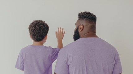 Father and son, back view, reaching