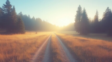 Obraz premium Sunrise Path Through Misty Woods