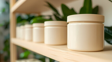 Several cosmetic jars standing on wooden shelf with plants behind