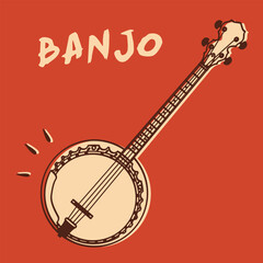 Illustrazione vettoriale di un banjo in stile vintage su sfondo rosso, perfetta per progetti musicali, grafica retrò e contenuti legati alla musica folk o country © sabbienobili