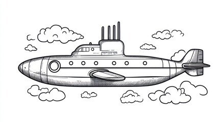 Cartoon Submarine Flying Above Clouds