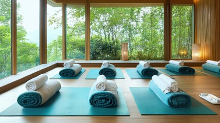 Relaxation room with yoga mats, bolsters, and wellness props laid out for small spa groups