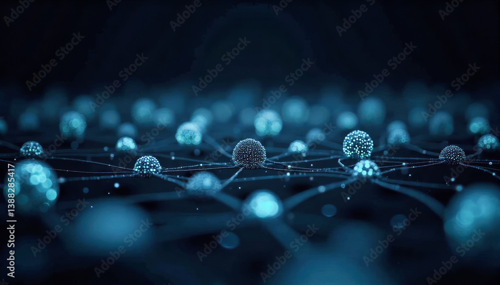 Poster trendy neo futurism 2025 ai design rendering: a futuristic network of glowing blue nodes and interco