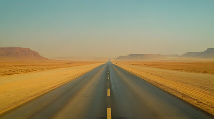 Desert highway stretching towards distant mesas under a hazy sky, evoking a sense of solitude and endless journey. Arid landscape with horizon vanishing point.
