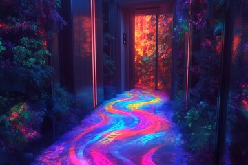 Neon jungle corridor with vibrant light trails leading to glass door
