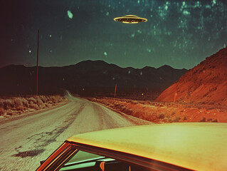  photography with Super 8 camera, seen from a car on the Nevada road, United States at night, a non-international night where a luminous UFO