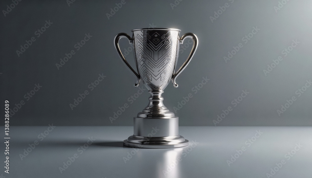 Poster trendy neo futurism 2025 ai design rendering: a gleaming silver trophy with intricate geometric patt