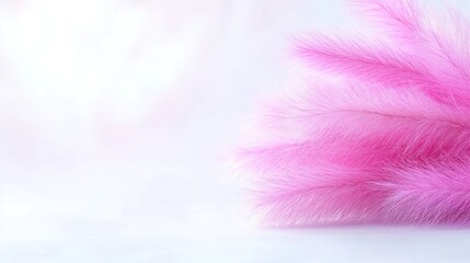 Fototapeta premium Soft pink pampas grass rests on a white surface. The image features a blurred, bright background. Its a high-quality photo with soft lighting. The style is minimalist and delicate. The pastel pink c