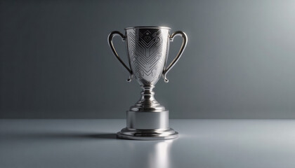 Trendy neo futurism 2025 ai design rendering: A gleaming silver trophy with intricate geometric patterns sits prominently on a reflective surface against a dark gray background.