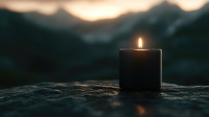 A dark candle flickers on a rock, bathed in the soft glow of a mountain sunset