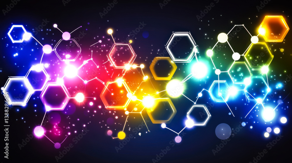Poster colorful abstract representation of molecular structures and particles in a dark background