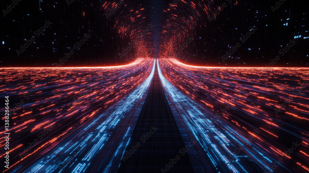 Poster dynamic visualization of data streams converging towards a central point in a futuristic cosmic land