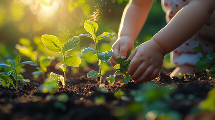 Fototapeta premium Child interacts with young plants in a sunny garden setting during early morning hours to promote growth and connection with nature