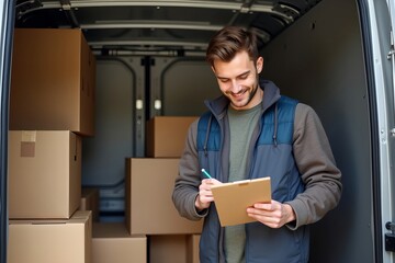Delivery van employee diligently checking items on a clipboard amidst a sea of packages and boxes.