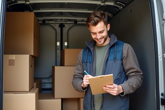 Delivery van employee diligently checking items on a clipboard amidst a sea of packages and boxes.