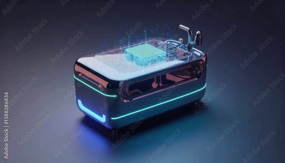 Poster trendy neo futurism 2025 ai design rendering: a futuristic, chrome-accented container displays a glo
