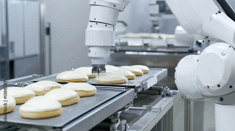 Aufkleber robotic arms handling baking trays in synchronized motion inside sterile bakery setup.