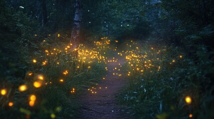 Naklejka premium A hidden valley filled with magical plants and tiny fireflies --ar 16:9 --v 6.1 Job ID: df1a9868-70bf-407c-bb6d-345b07206dbf