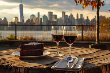 New york city skyline with wine and chocolate cake at sunset